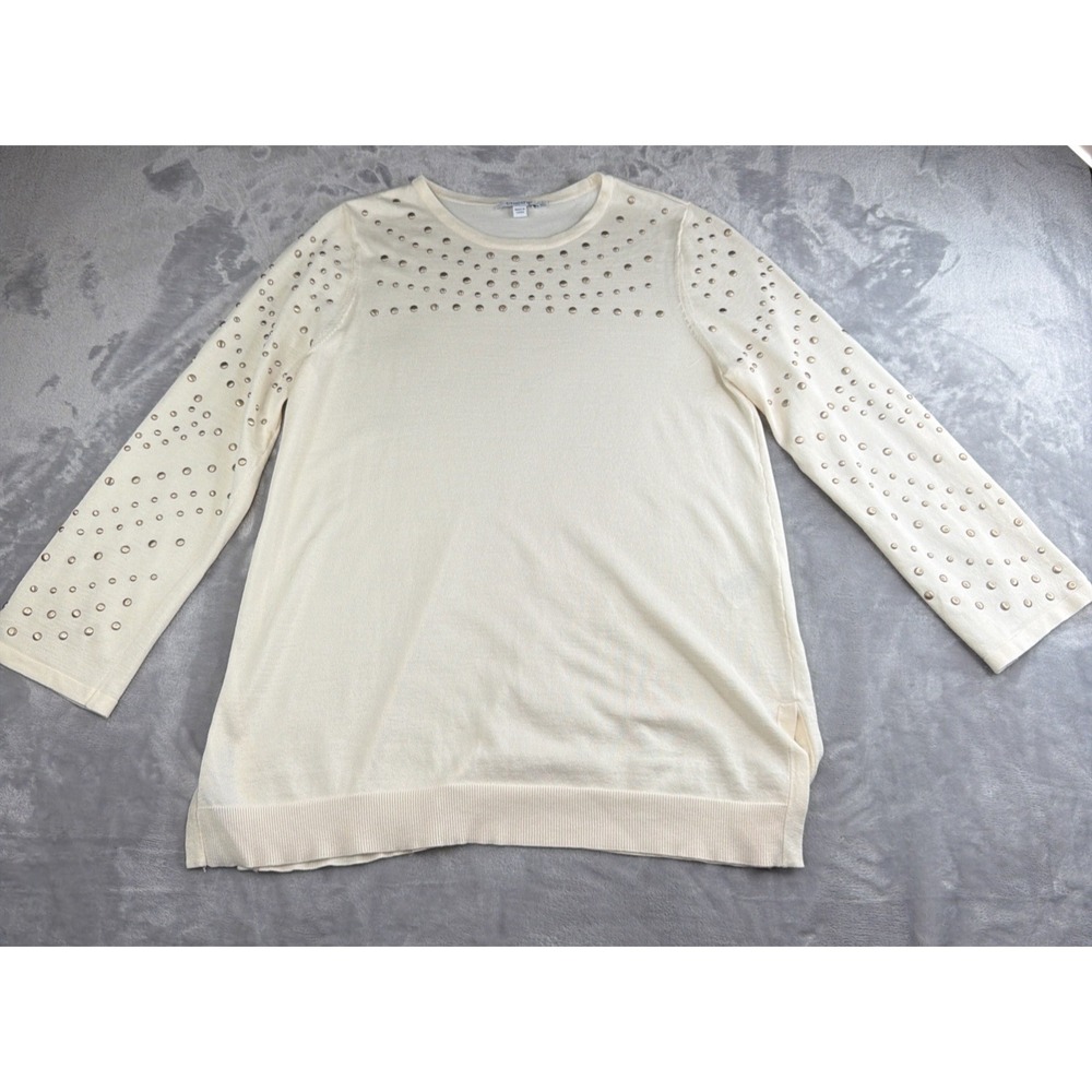 Chico's Size 1 Womens Ivory Studded Sweater Tunic 3/4 Sleeve Rayon Blend
